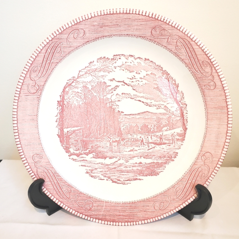Currier And Ives Pink Royal China Platter 12" Winter in the Country Getting Ice